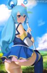  1girl aqua_(konosuba) ass atric18 bangs bare_shoulders blue_dress blue_eyes blue_hair blue_legwear blue_sky breasts closed_mouth commentary day detached_sleeves dress grass hair_ornament hair_rings highres holding holding_staff kono_subarashii_sekai_ni_shukufuku_wo! large_breasts long_hair looking_at_viewer looking_back outdoors sky smile solo staff standing standing_on_one_leg thigh-highs thighs twitter_logo twitter_username very_long_hair web_address 