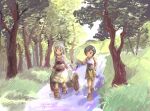  2girls backpack bag bangs black_hair boots brown_eyes brown_footwear brown_gloves brown_hair brown_shorts closed_mouth commentary_request day dress forest full_body gloves grass grey_hair hand_in_pocket long_hair looking_at_another merchant_(ragnarok_online) mizunosan multiple_girls nature outdoors painterly pullcart ragnarok_online shirt shoes short_hair shorts sleeveless sleeveless_shirt smile super_novice_(ragnarok_online) tree walking white_dress white_shirt 