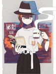  1girl belt black_headwear black_skirt book breast_pocket brown_eyes brown_hair cowboy_shot cup evening expressionless fashion hat hat_ribbon highres holding holding_book holding_cup o-ring o-ring_belt pocket reading ribbon short_sleeves skirt solo standing steam tokoroten_(hmmuk) touhou usami_renko watch watch white_ribbon 