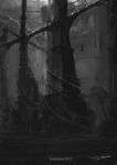  artist_name bloodborne cage commentary_request copyright_name greyscale highres indoors light monochrome no_humans ruins scenery tower tripdancer 