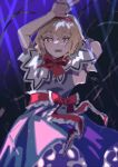  1girl alice_margatroid arms_up bangs blonde_hair blue_dress cape dress eyebrows_visible_through_hair hair_between_eyes hands_up highres looking_at_viewer one-hour_drawing_challenge open_mouth shi_chimi short_hair solo standing teeth touhou white_cape 