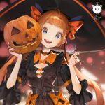  1girl :d absurdres ahoge bangs black_choker black_dress black_headwear blue_eyes blurry blurry_background bow breasts candy choker dress dress_bow english_commentary food hair_bow halloween hat highres holding holding_mask jung_wonjo lollipop long_hair long_sleeves mask nail_polish orange_bow orange_hair original pumpkin pumpkin_print red_nails shiny shiny_hair signature small_breasts smile solo teeth upper_body upper_teeth witch_hat 