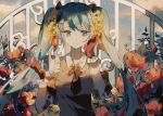  1girl closed_mouth commentary commentary_request detached_sleeves flower frilled_gloves frilled_sleeves frills garden gloves green_hair hair_flower hair_ornament hands_up hatsune_miku lobelia_(saclia) outdoors ribbon smile solo twintails vocaloid 