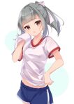  1girl bangs blue_shorts blunt_bangs bow breasts collarbone commentary eyebrows_visible_through_hair green_hair gym_shirt gym_uniform hair_bow highres holding holding_towel kantai_collection looking_at_viewer open_mouth ponytail shirt shorts sidelocks solo sweat towel uut white_bow white_shirt yuubari_(kancolle) 