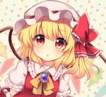  1girl :o amethyst_(gemstone) bangs blonde_hair blush bow breasts brooch commentary_request crystal dot_nose dotted_background eyebrows_visible_through_hair eyelashes flandre_scarlet frilled_bow frilled_shirt_collar frilled_sleeves frills hat hat_bow hat_ribbon highres jewelry looking_at_viewer mob_cap multicolored_wings one_side_up open_mouth puffy_short_sleeves puffy_sleeves red_bow red_ribbon red_vest ribbon ruhika shirt short_sleeves side_ponytail sidelocks small_breasts solo standing touhou upper_body vest white_background white_shirt wings wrist_cuffs yellow_neckwear yellow_ribbon 