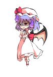  1girl bangs bat_wings black_eyes bow chibi collar collared_dress dairi dress eyebrows_visible_through_hair full_body ghost hair_between_eyes hands_up hat hat_ribbon looking_to_the_side mob_cap no_shoes open_mouth pink_eyes puffy_short_sleeves puffy_sleeves purple_hair red_bow red_ribbon remilia_scarlet ribbon shaded_face short_hair short_sleeves simple_background smile smug socks solo standing tachi-e touhou white_background white_dress white_headwear white_legwear white_sleeves wings wrist_cuffs 