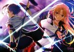  2girls absurdres asuna_(sao) brown_eyes brown_hair cape cloak dress fingerless_gloves gloves highres holding holding_sword holding_weapon ishida_kana long_hair mito_(sao) multiple_girls purple_dress purple_skirt rapier red_cloak red_eyes shoulder_pads sickle skirt sword sword_art_online sword_art_online_progressive weapon 