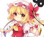  1girl ascot bow buttons closed_mouth commentary_request crystal dot_nose eyebrows_visible_through_hair eyelashes fang flandre_scarlet frilled_shirt_collar frilled_skirt frilled_sleeves frills hat hat_bow hat_ribbon highres holding laevatein_(touhou) looking_at_viewer mob_cap one_side_up puffy_short_sleeves puffy_sleeves red_bow red_eyes red_ribbon red_skirt red_vest ribbon ruhika short_hair short_sleeves side_ponytail sidelocks simple_background skirt smile solo touhou upper_body vest weapon white_background white_headwear wings wristband yellow_neckwear 