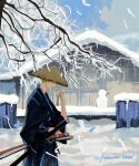  1boy branch closed_eyes eating feleven food green_hair hat highres holding holding_food japanese_clothes kimono one_piece onigiri open_mouth roronoa_zoro sheath sheathed snow solo sword weapon winter 