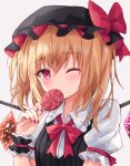  1girl absurdres bangs black_headwear blonde_hair blush bow bowtie commentary_request covered_mouth crystal eyebrows_visible_through_hair flandre_scarlet frilled_shirt_collar frills hair_between_eyes halloween hand_up hat hat_bow highres kofumi_(nxme5555) looking_at_viewer medium_hair mob_cap nail_polish one_eye_closed puffy_short_sleeves puffy_sleeves red_bow red_bowtie red_eyes red_nails short_sleeves simple_background solo touhou upper_body white_background wings wrist_cuffs 