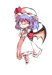  1girl bangs bat_wings bow chibi closed_eyes closed_mouth collar collared_dress dairi dress eyebrows_visible_through_hair full_body hair_between_eyes hands_up hat hat_ribbon mob_cap no_shoes puffy_short_sleeves puffy_sleeves purple_hair red_bow red_ribbon remilia_scarlet ribbon short_hair short_sleeves simple_background socks solo standing tachi-e touhou white_background white_dress white_headwear white_legwear white_sleeves wings wrist_cuffs 