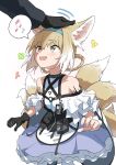  1girl 1other absurdres animal_ears arknights bag black_gloves blonde_hair blue_hairband doctor_(arknights) drawdrawdeimos dress fox_ears fox_girl fox_tail gloves green_eyes hair_rings hairband headpat highres infection_monitor_(arknights) oripathy_lesion_(arknights) simple_background single_glove smile suzuran_(arknights) tagme tail white_background 