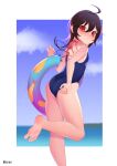  1girl adjusting_clothes adjusting_swimsuit ahoge alternate_costume ass asymmetrical_wings bangs black_hair blue_sky blue_swimsuit blue_wings blurry blurry_background blush border breasts closed_mouth clouds commission feet food food_print foot_out_of_frame hair_between_eyes highres houjuu_nue innertube leg_up long_hair looking_at_viewer looking_back mini_wings ocean one-piece_swimsuit outside_border recare red_eyes red_wings signature sky small_breasts soles solo swimsuit tempura touhou water white_border wings 
