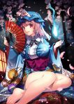  1girl :d arm_garter arm_up barefoot blue_headwear blue_kimono breasts cherry_blossoms commentary_request fingernails floral_print folding_fan frilled_kimono frilled_shirt_collar frills full_body hair_between_eyes hand_fan hitodama holding holding_fan japanese_clothes kapuchii kimono lantern large_breasts long_sleeves obi open_mouth parted_lips petals pink_eyes pink_hair purple_sash ribbon-trimmed_collar ribbon_trim saigyouji_yuyuko sash short_hair sitting smile solo thighs toenails touhou triangular_headpiece unfinished veil wide_hips wide_sleeves 