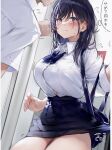  1girl bag bangs black_hair bow breasts dress_shirt highres huge_breasts long_hair nekomugiharu original school_uniform shirt 