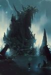 absurdres cave cthulhu_mythos highres kalmahul light night no_humans ocean scenery ship stairs statue storm thunder water watercraft 