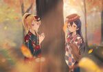  2girls ayase_eli bangs blonde_hair blue_eyes blue_hair blush bow checkered commentary_request floral_print flower hair_bow hair_flower hair_ornament hat highres japanese_clothes kimono long_hair love_live! love_live!_school_idol_project multiple_girls outdoors ponytail smile sonoda_umi suito swept_bangs tree wide_sleeves yellow_eyes 