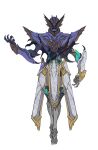  1boy armor bat bat_wings black_eyes catball1994 claw_pose clawed_boots clawed_gauntlets commentary_request elbow_spikes evil evilblade fake_horns helmet high_collar highres horned_helmet horns kamen_rider kamen_rider_live kamen_rider_revice looking_at_viewer male_focus open_hands shaded_face sheath sheathed spiked_armor spiked_helmet splatter sword symmetry thigh_strap walking weapon white_armor white_background wings 