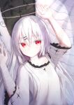  1girl absurdres albino angel angel_wings arms_up bandages bangs commentary_request dress eyebrows_visible_through_hair feathered_wings hair_ornament hairclip halo highres light_rays long_hair original plant red_eyes tokano_56 very_long_hair vines white_dress white_hair white_wings wings 