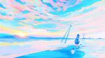  1girl backpack bag bird blue_bag blue_skirt blue_sky clouds cloudy_sky from_behind horizon long_sleeves mountain original outdoors penguin pleated_skirt shirt skirt sky solo standing tabisumika white_shirt wide_shot 