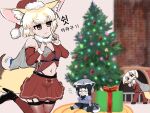  2girls animal_ears blonde_hair bluebird_(leh951025) blush brown_eyes christmas_tree closed_eyes common_raccoon_(kemono_friends) eyebrows_visible_through_hair fennec_(kemono_friends) finger_to_nose fireplace fox_ears fox_tail gift hat high_heels highres kemono_friends kemono_friends_pavilion korean_text multiple_girls navel nose_bubble raccoon_ears raccoon_tail santa_costume santa_hat sitting sleeping tail 