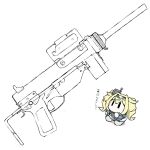  1girl belt blonde_hair blue_shirt chibi collared_shirt commentary_request gambier_bay_(kancolle) grey_footwear gun hairband headgear kantai_collection long_hair m3_submachine_gun no_mouth shirt shoes simple_background solo submachine_gun task_(s_task80) twintails weapon white_background |_| 