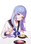  1girl black_choker black_sailor_collar blue_eyes blue_hair blue_neckerchief choker closed_mouth collarbone commentary food_request fork genshin_impact head_tilt highres holding holding_fork jesse_(pixiv34586727) kamisato_ayaka long_hair long_sleeves looking_at_viewer neckerchief plate sailor_collar school_uniform serafuku shirt simple_background smile solo table upper_body white_background white_shirt 