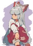  1girl bangs boots bow closed_mouth collar collared_shirt fujiwara_no_mokou grey_hair hair_bow highres long_hair long_sleeves looking_at_viewer lpo_on multicolored_bow ofuda ofuda_on_clothes pants puffy_long_sleeves puffy_sleeves purple_background red_bow red_eyes red_footwear red_pants shirt sidelocks simple_background sitting solo touhou very_long_hair white_background white_bow white_shirt 