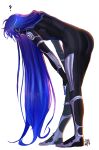  1boy androgynous armor ass bangs bent_over bloodwrit bodysuit eyelashes full_body highres long_hair male_focus otoko_no_ko protagonist_(smtv) purple_hair shin_megami_tensei shin_megami_tensei_v simple_background solo very_long_hair white_background 