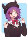  1girl badge bangs black_jacket blush bow brown_eyes eyepatch fake_horns fang hat hayasaka_mirei horned_headwear horns idolmaster idolmaster_cinderella_girls jacket korean_commentary long_sleeves looking_at_viewer mg_pong multicolored_hair open_mouth pink_bow purple_hair redhead short_hair simple_background solo streaked_hair two-tone_background upper_body 