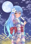  1girl absurdres ahoge bangs blue_hair colored_tips commentary_request dango elf floral_print flower food full_moon hair_between_eyes hair_flower hair_ornament heart_ahoge highres holding hololive japanese_clothes kimono long_hair looking_at_viewer looking_back moon night night_sky obi onabe_no_shime pointy_ears sash sky solo very_long_hair virtual_youtuber wagashi white_flower yellow_eyes yukata yukihana_lamy 