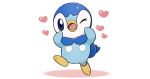  blue_eyes commentary_request heart leg_up looking_at_viewer no_humans official_art one_eye_closed open_mouth piplup pokemon pokemon_(creature) project_pochama solo standing standing_on_one_leg toes tongue white_background 
