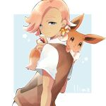  1boy blue_eyes brown_vest character_name closed_mouth commentary_request eevee ilima_(pokemon) looking_at_viewer male_focus ohds101 pink_hair pokemon pokemon_(creature) pokemon_(game) pokemon_sm shirt short_hair short_sleeves smile upper_body vest white_shirt 