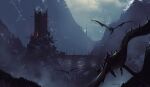  3others absurdres bridge cirith_ungol clouds cloudy_sky creature fellbeast flying forest from_behind highres kalmahul legendarium mountain multiple_others nature nazgul outdoors riding ruins sky snow stairs the_lord_of_the_rings tower tree wings 