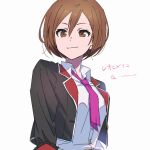  1girl brown_eyes brown_hair highres jacket meiko necktie project_sekai sasasa_(sk45pskm) school_uniform short_hair smile solo translation_request vocaloid white_background 