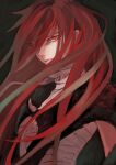  1girl bandages bangs black_background breasts closed_mouth commentary_request hair_over_one_eye long_hair looking_at_viewer one_eye_covered red_eyes redhead shut_hell shut_hell_(character) simple_background small_breasts solo thikakimamori8 