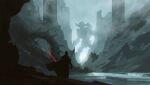  1boy black_cape black_gloves cape crossover darth_vader energy_sword fog from_behind giant gloves glowing glowing_eyes helm helmet highres kalmahul lightsaber looking_at_another outdoors red_lightsaber ruins scenery shadow_of_the_colossus standing star_wars sword weapon 