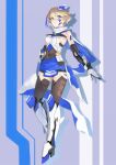  1girl android aqua_eyes arm_tattoo armor armored_boots bangs black_gloves black_legwear blonde_hair blue_hair blue_skirt boots breasts commentary covered_navel drop_shadow elbow_gloves faulds full_body gloves hair_ornament hand_on_hip high_heels highres joints knee_boots level9kaito looking_at_viewer medium_breasts miniskirt multicolored_hair nate_(world_flipper) navel parted_lips pencil_skirt purple_background scarf short_hair sideboob sidelocks simple_background skirt solo standing streaked_hair striped striped_background swept_bangs tattoo teeth thigh-highs two-sided_scarf two-tone_hair v-shaped_eyebrows vambraces white_footwear white_scarf world_flipper 