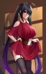  1girl ahoge azur_lane black_hair black_legwear clothes_lift commentary corset dress dress_lift eyebrows_visible_through_hair garter_belt highres long_hair red_dress red_eyes shadow solo taihou_(azur_lane) thigh-highs tongue tongue_out twintails twitter_username yorugami_rei 