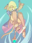 1girl between_legs black_mage blonde_hair blue_eyes blue_gloves breasts brown_legwear cat_tail final_fantasy final_fantasy_xi fur_collar gloves gradient gradient_background hat holding holding_staff juliet_sleeves long_sleeves medium_breasts mithra_(ff11) no_eyebrows open_mouth puffy_sleeves short_hair shorts solo staff striped striped_shorts striped_sleeves tail teeth thigh-highs vertical-striped_shorts vertical_stripes yuccoshi zettai_ryouiki 