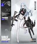  1girl :o artist_request assault_rifle bangs black_bodysuit black_gloves blush bodysuit breasts character_name commentary_request copyright_name crossed_arms eyebrows_visible_through_hair full_body girls_frontline gloves green_eyes gun h&amp;k_hk416 hair_ornament hairclip headphones highres hk416_(girls&#039;_frontline) holding holding_gun holding_weapon light_blue_hair long_hair looking_at_viewer medium_breasts multicolored_bodysuit multicolored_clothes official_art open_mouth promotional_art rifle simple_background solo standing standing_on_one_leg teardrop_facial_mark teardrop_tattoo torn_bodysuit torn_clothes weapon white_bodysuit 