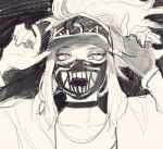  1girl akali arms_up baseball_cap choker eyeshadow fingerless_gloves gloves hat jacket k/da_(league_of_legends) k/da_akali league_of_legends long_hair looking_at_viewer makeup mask monochrome moo9mom mouth_mask ponytail single_glove sketch solo 