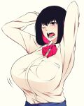  1girl black_hair breast_pocket breasts camui_kamui highres one_eye_closed original pink_eyes pink_hair pocket school_uniform shirt short_hair sleepy teeth tongue uniform upper_body upper_teeth white_shirt yawning 