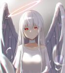  1girl albino angel angel_wings bandages bangs commentary double_halo dress eyebrows_visible_through_hair feathered_wings feathers halo highres long_hair original red_eyes tokano_56 white_dress white_hair white_wings wings 
