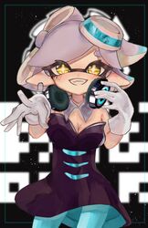  +_+ 1girl aqua_headwear aqua_legwear bare_shoulders black_background black_dress black_jumpsuit blurry blurry_background detached_collar dress earrings fangs food food_on_head gloves hand_on_headphones headphones headphones_around_neck highres imojiru27 jewelry long_hair looking_at_viewer marie_(splatoon) mole mole_under_eye object_on_head pixel_text pointy_ears reaching_out short_jumpsuit smile solo splatoon_(series) splatoon_1 sushi thigh-highs upper_body very_long_hair white_gloves white_hair white_headwear 