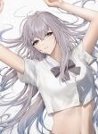  1girl arms_up blue_eyes bow bowtie clearpage crop_top grey_hair hair_spread_out highres long_hair looking_at_viewer lying midriff navel on_back original parted_lips shirt short_sleeves solo stomach white_shirt 