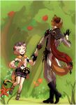  1boy 1girl ;d absurdres animal_ears bag bangs bangs_pinned_back belt black_gloves black_shorts blurry brown_hair cat_ears cat_girl cat_tail commentary depth_of_field detached_sleeves diona_(genshin_impact) earrings fangs flower forehead forest full_body genshin_impact gloves green_eyes hair_ribbon half_gloves hand_on_hip hat height_difference highres holding_hands jewelry long_sleeves mask mask_on_head nature navel one_eye_closed oveipo pink_hair puffy_detached_sleeves puffy_shorts puffy_sleeves red_scarf ribbon scarf short_hair shorts sidelocks smile standing standing_on_one_leg tail tartaglia_(genshin_impact) thick_eyebrows tree white_gloves 