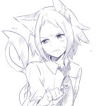  1boy animal_ears blush cat_boy cat_ears cat_tail cheren_(pokemon) closed_mouth collared_shirt commentary_request greyscale male_focus monochrome necktie ohds101 paw_pose pokemon pokemon_(game) pokemon_bw2 shirt simple_background solo sweatdrop tail upper_body white_background 