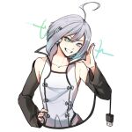  1boy ahoge cable detached_sleeves grey_hair grin hand_on_hip hand_up head_tilt headphones heterochromia highres smile solo utatane_piko vocaloid white_background yen-mi 