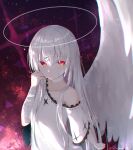  1girl absurdres albino angel angel_wings bandages bangs bare_shoulders closed_mouth commentary commentary_request eyebrows_visible_through_hair feathered_wings hair_ornament hairclip halo hand_up highres long_hair original red_eyes shirt solo tokano_56 white_hair white_shirt white_wings wings 